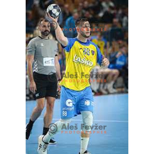 Aleks Vlah in action during EHF Champions League handball match between Celje Pivovarna Lasko and HBC Nantes in Zlatorog Arena, Celje, Slovenia on Oktober 5, 2022