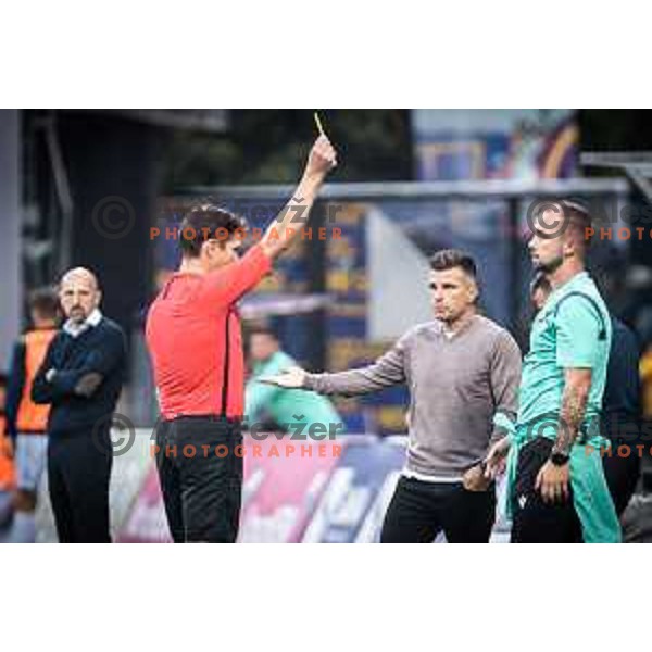 Referee Matej Jug and Zoran Zeljkovic during Prva liga Telemach football match between Maribor and Koper in Ljudski vrt, Maribor, Slovenia on October 8, 2022. Photo: Jure Banfi