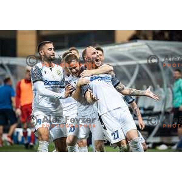 Dario Kolobaric, Rudi Vancas Pozeg and Zan Benedicic celebrating during Prva liga Telemach football match between Maribor and Koper in Ljudski vrt, Maribor, Slovenia on October 8, 2022. Photo: Jure Banfi