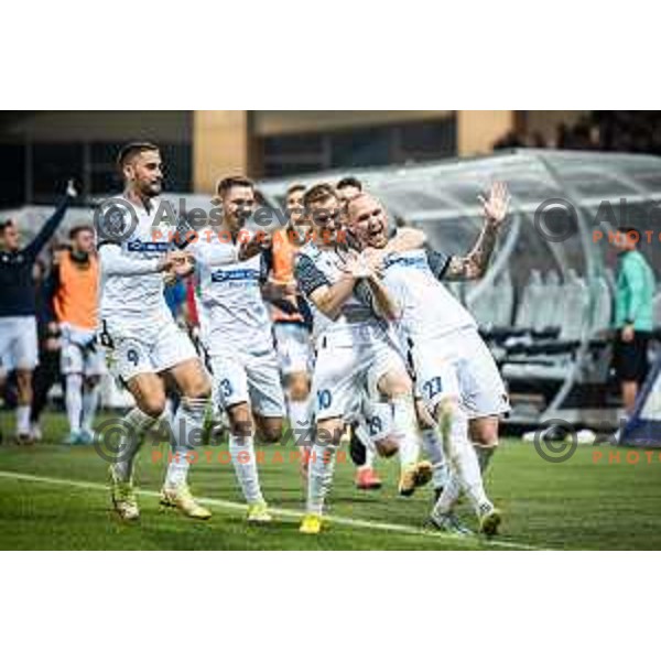 Dario Kolobaric, Michael Pavlovic, Rudi Vancas Pozeg and Zan Benedicic celebrating during Prva liga Telemach football match between Maribor and Koper in Ljudski vrt, Maribor, Slovenia on October 8, 2022. Photo: Jure Banfi