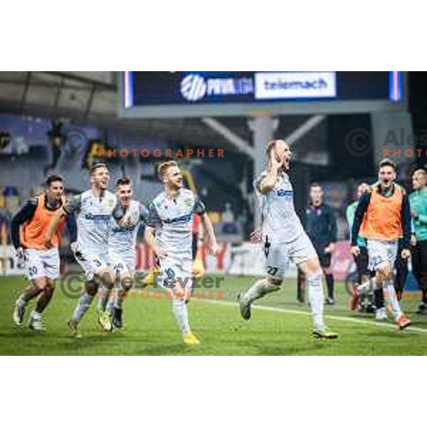 Michael Pavlovic, Rudi Vancas Pozeg and Zan Benedicic celebrating during Prva liga Telemach football match between Maribor and Koper in Ljudski vrt, Maribor, Slovenia on October 8, 2022. Photo: Jure Banfi