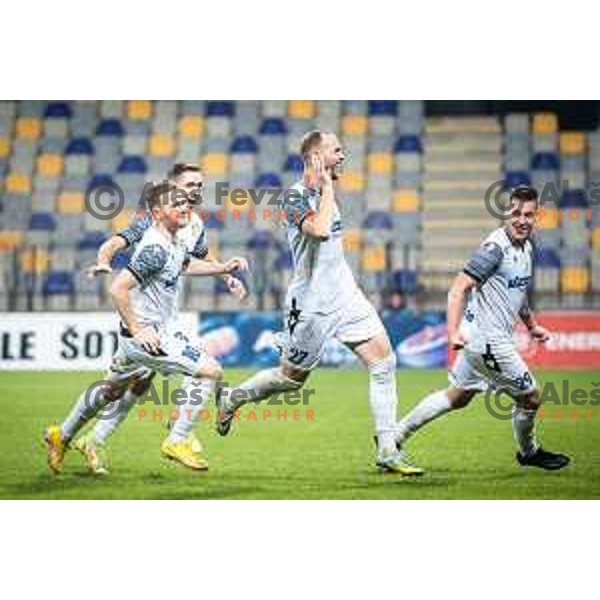 Rudi Vancas Pozeg, Michael Pavlovic, Zan Benedicic and Nikola Krajinovic celebrating during Prva liga Telemach football match between Maribor and Koper in Ljudski vrt, Maribor, Slovenia on October 8, 2022. Photo: Jure Banfi