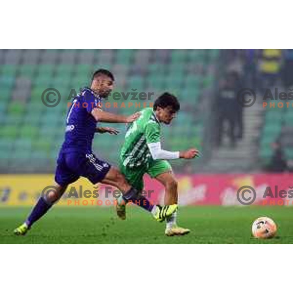 Rok Krnoaveter and Almedin Ziljkic in action during Prva Liga Telemach 2022-2023 football match between Olimpija and Maribor in SRC Stozice, Ljubljana, Slovenia on October 15, 2022