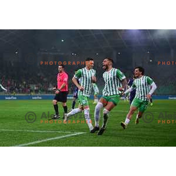 Rui Pedro, Almedin Ziljkic and Mario Kvesic celebrate goal during Prva Liga Telemach 2022-2023 football match between Olimpija and Maribor in SRC Stozice, Ljubljana, Slovenia on October 15, 2022