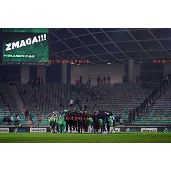 Players of Olimpija celebrate victory at Prva Liga Telemach 2022-2023 football match between Olimpija and Maribor in SRC Stozice, Ljubljana, Slovenia on October 15, 2022