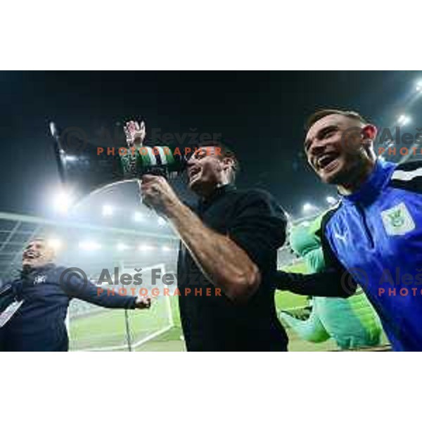 Albert Riera and Timi Max Elsnik celebrate victory at Prva Liga Telemach 2022-2023 football match between Olimpija and Maribor in SRC Stozice, Ljubljana, Slovenia on October 15, 2022