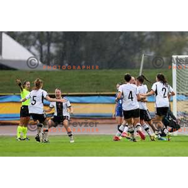 Players of team Germany celebrate goal and victory in action during European Women\'s Under 17 Championship 2023 round 1 match between Slovenia and Germany in Krsko, Slovenia on October 22, 2022