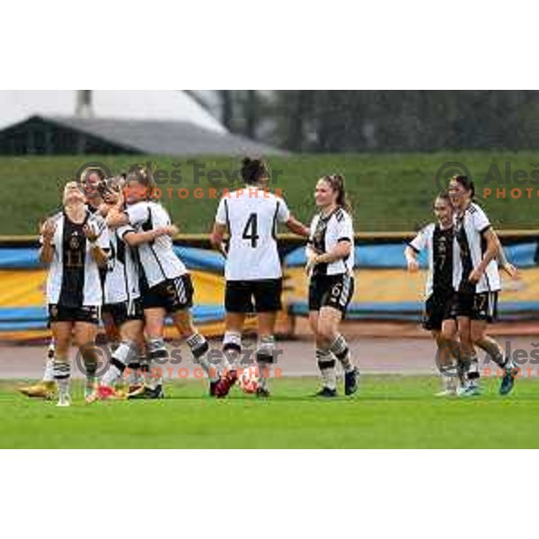 Players of team Germany celebrate goal and victory in action during European Women\'s Under 17 Championship 2023 round 1 match between Slovenia and Germany in Krsko, Slovenia on October 22, 2022