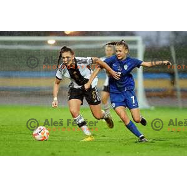 Amy Milz and Spela Gerbec in action during European Women\'s Under 17 Championship 2023 round 1 match between Slovenia and Germany in Krsko, Slovenia on October 22, 2022