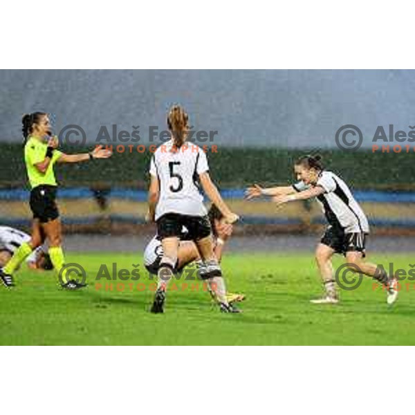 Players of team Germany celebrate goal and victory in action during European Women\'s Under 17 Championship 2023 round 1 match between Slovenia and Germany in Krsko, Slovenia on October 22, 2022