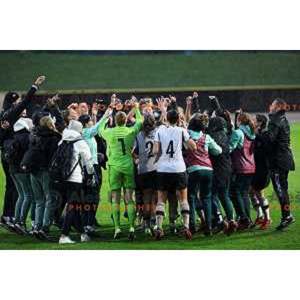 Players of team Germany celebrate goal and victory in action during European Women\'s Under 17 Championship 2023 round 1 match between Slovenia and Germany in Krsko, Slovenia on October 22, 2022