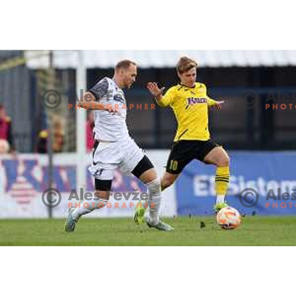 Zan Benedicic and Luka Cerar in action during Prva Liga Telemach 2022-2023 football match between Kalcer Radomlje and Koper in Domzale, Slovenia on October 24, 2022