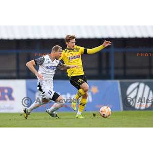 Zan Benedicic and Luka Cerar in action during Prva Liga Telemach 2022-2023 football match between Kalcer Radomlje and Koper in Domzale, Slovenia on October 24, 2022