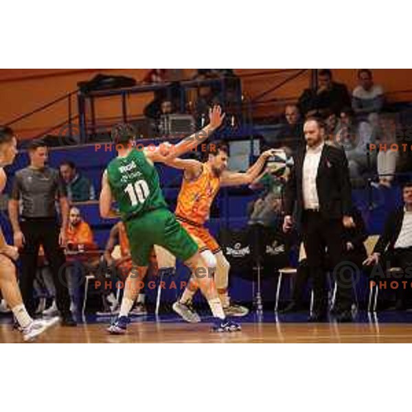 Mate Vucic and Tadej Ferme in action during Nova KBM league 2022-2033 regular season match between Helios Suns and Krka in Domzale, Slovenia on October 24, 2022