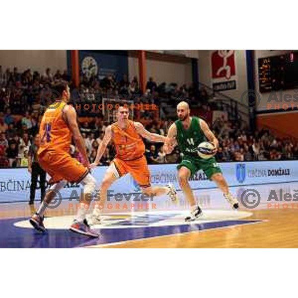 Tibor Mirtic and Radosav Spasojevic in action during Nova KBM league 2022-2033 regular season match between Helios Suns and Krka in Domzale, Slovenia on October 24, 2022