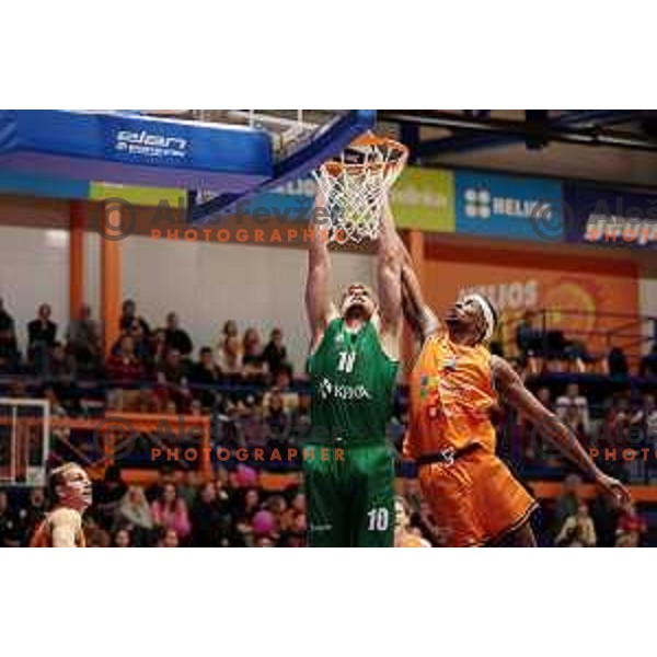 Dennis Tunstall and Mate Vucic in action during Nova KBM league 2022-2033 regular season match between Helios Suns and Krka in Domzale, Slovenia on October 24, 2022