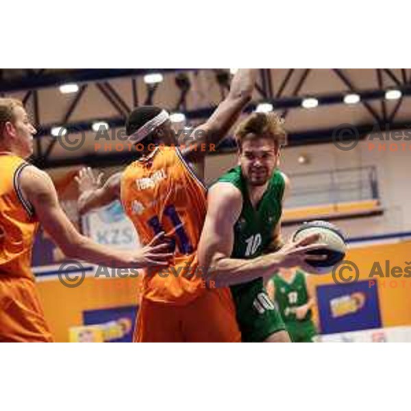 Dennis Tunstall and Mate Vucic in action during Nova KBM league 2022-2033 regular season match between Helios Suns and Krka in Domzale, Slovenia on October 24, 2022