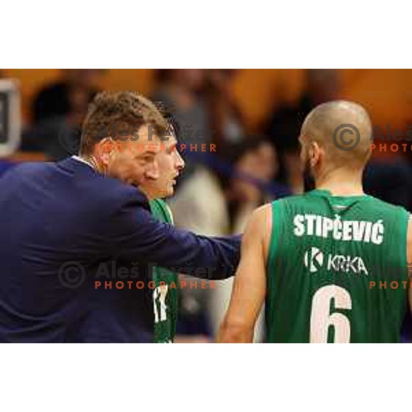 Gasper Okorn and Rok Stipcevic in action during Nova KBM league 2022-2033 regular season match between Helios Suns and Krka in Domzale, Slovenia on October 24, 2022