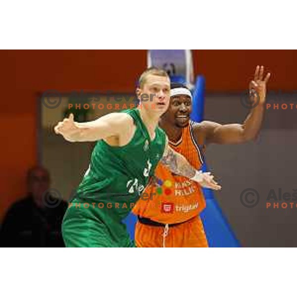 Jurij Macura and Dennis Tunstall in action during Nova KBM league 2022-2033 regular season match between Helios Suns and Krka in Domzale, Slovenia on October 24, 2022