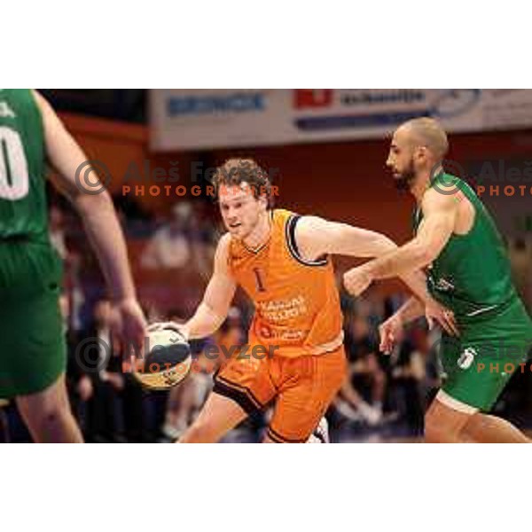 Austin Luke and Rok Stipcevic in action during Nova KBM league 2022-2033 regular season match between Helios Suns and Krka in Domzale, Slovenia on October 24, 2022