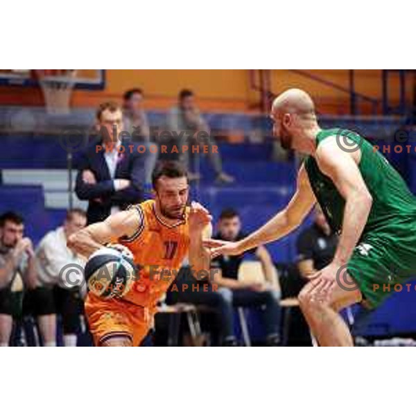 Niko Bacvic and Radosav Spasojevic in action during Nova KBM league 2022-2033 regular season match between Helios Suns and Krka in Domzale, Slovenia on October 24, 2022