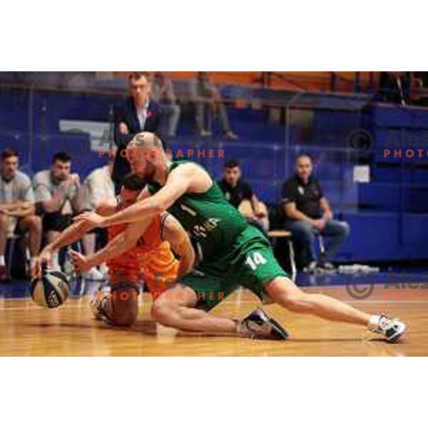 Niko Bacvic and Radosav Spasojevic in action during Nova KBM league 2022-2033 regular season match between Helios Suns and Krka in Domzale, Slovenia on October 24, 2022