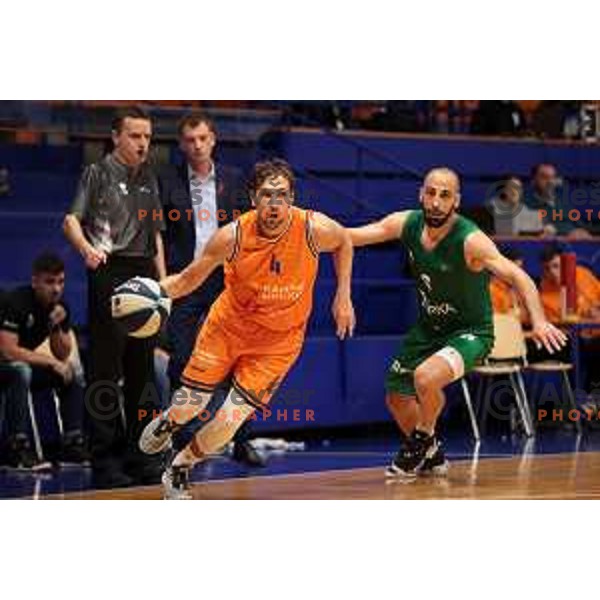 Tadej Ferme and Rok Stipcevic in action during Nova KBM league 2022-2033 regular season match between Helios Suns and Krka in Domzale, Slovenia on October 24, 2022