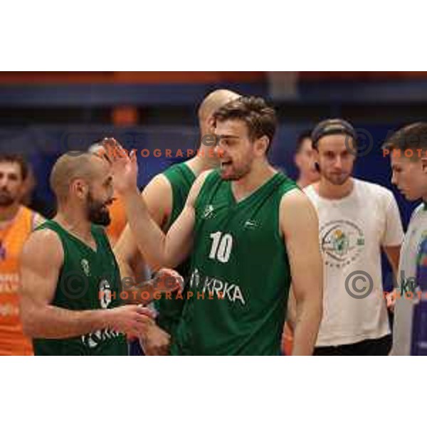 Rok Stipcevic and Mate Vucic during Nova KBM league 2022-2033 regular season match between Helios Suns and Krka in Domzale, Slovenia on October 24, 2022