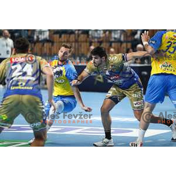 Aleks Vlah in action during EHF Champions League handball match between Celje Pivovarna Lasko and Lomza Kielce in Zlatorog Arena, Celje, Slovenia on Oktober 27, 2022