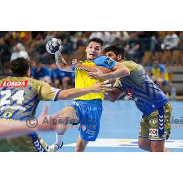 Tilen Strmljan in action during EHF Champions League handball match between Celje Pivovarna Lasko and Lomza Kielce in Zlatorog Arena, Celje, Slovenia on Oktober 27, 2022