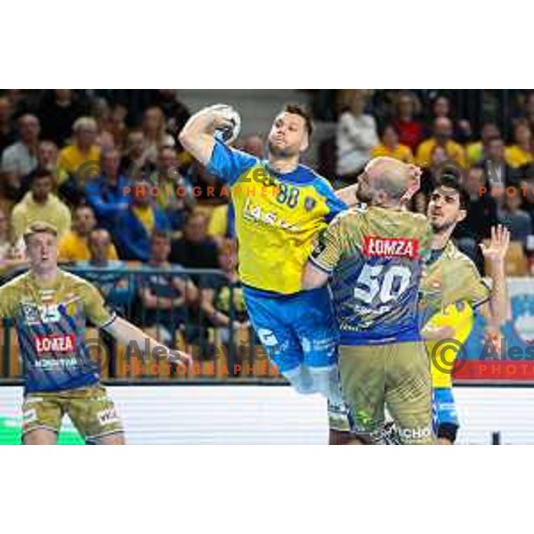 Aleks Vlah in action during EHF Champions League handball match between Celje Pivovarna Lasko and Lomza Kielce in Zlatorog Arena, Celje, Slovenia on Oktober 27, 2022