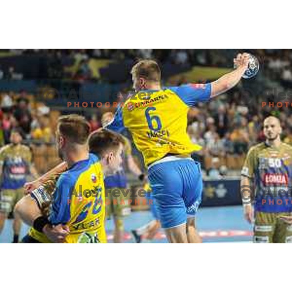 Tadej Mazej in action during EHF Champions League handball match between Celje Pivovarna Lasko and Lomza Kielce in Zlatorog Arena, Celje, Slovenia on Oktober 27, 2022