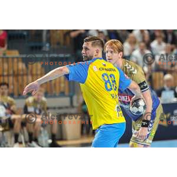 Aleks Vlah in action during EHF Champions League handball match between Celje Pivovarna Lasko and Lomza Kielce in Zlatorog Arena, Celje, Slovenia on Oktober 27, 2022