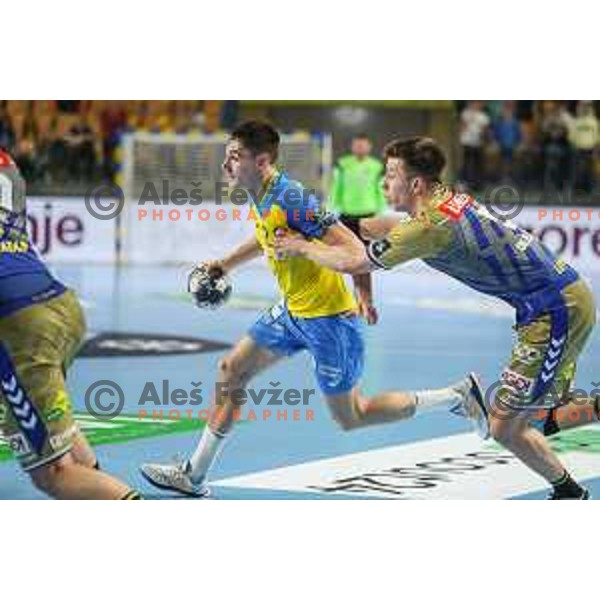 Tilen Strmljan in action during EHF Champions League handball match between Celje Pivovarna Lasko and Lomza Kielce in Zlatorog Arena, Celje, Slovenia on Oktober 27, 2022