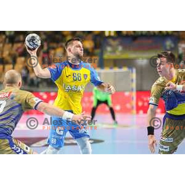 Aleks Vlah in action during EHF Champions League handball match between Celje Pivovarna Lasko and Lomza Kielce in Zlatorog Arena, Celje, Slovenia on Oktober 27, 2022