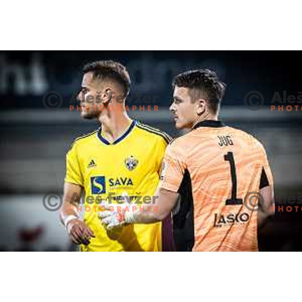 Luka Uskokovic and Azbe Jug in action during Prva liga Telemach football match between Celje and Maribor in Arena z’dezele, Celje, Slovenia on October 29, 2022. Photo: Jure Banfi