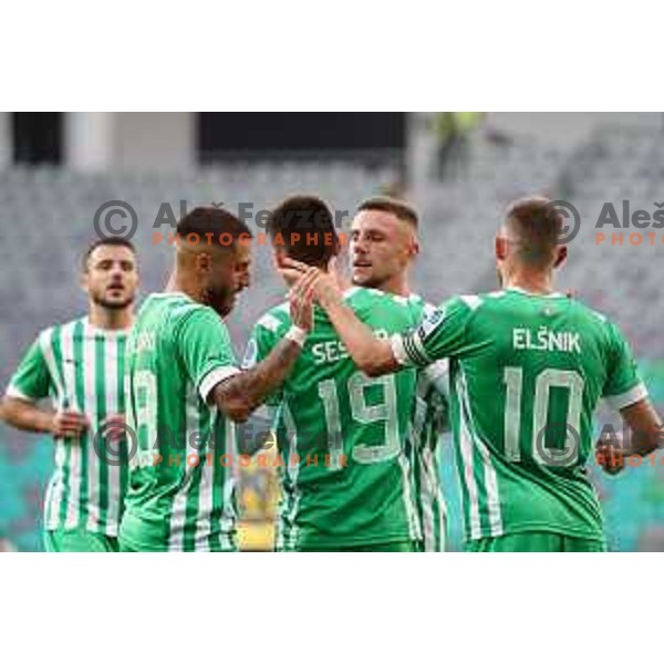 Rui Pedro and Svit Seslar celebrate goal during Prva Liga Telemach 2022-2023 football match between Olimpija and Koper in SRC Stozice, Ljubljana, Slovenia on October 30, 2022