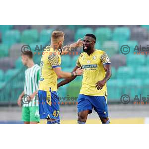 Andrej Kotnik and Osagie Bright Edomwonyi celebrate goal during Prva Liga Telemach 2022-2023 football match between Olimpija and Koper in SRC Stozice, Ljubljana, Slovenia on October 30, 2022