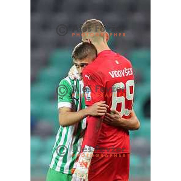 Marcel Ratnik and Matevz Vidovsek of Olimpija celebrate victory at Prva Liga Telemach 2022-2023 football match between Olimpija and Koper in SRC Stozice, Ljubljana, Slovenia on October 30, 2022