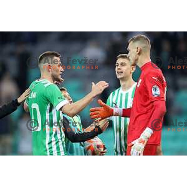 Timi Max Elsnik and Matevz Vidovsek of Olimpija celebrate victory at Prva Liga Telemach 2022-2023 football match between Olimpija and Koper in SRC Stozice, Ljubljana, Slovenia on October 30, 2022