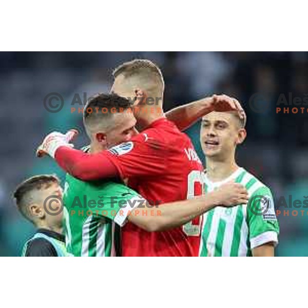 Timi Max Elsnik and Matevz Vidovsek of Olimpija celebrate victory at Prva Liga Telemach 2022-2023 football match between Olimpija and Koper in SRC Stozice, Ljubljana, Slovenia on October 30, 2022