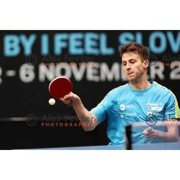 Deni Kozul of Slovenia competes at World Table Tennis Contender Nova Gorica, Slovenia on November 3, 2022