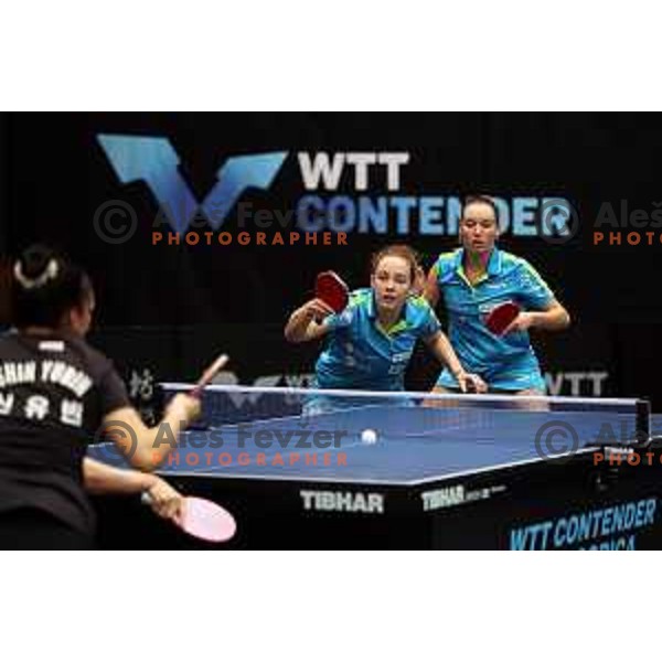 Katarina Strazar and Ana Tofant of Slovenia compete in women\'s doubles at World Table Tennis Contender Nova Gorica, Slovenia on November 3, 2022