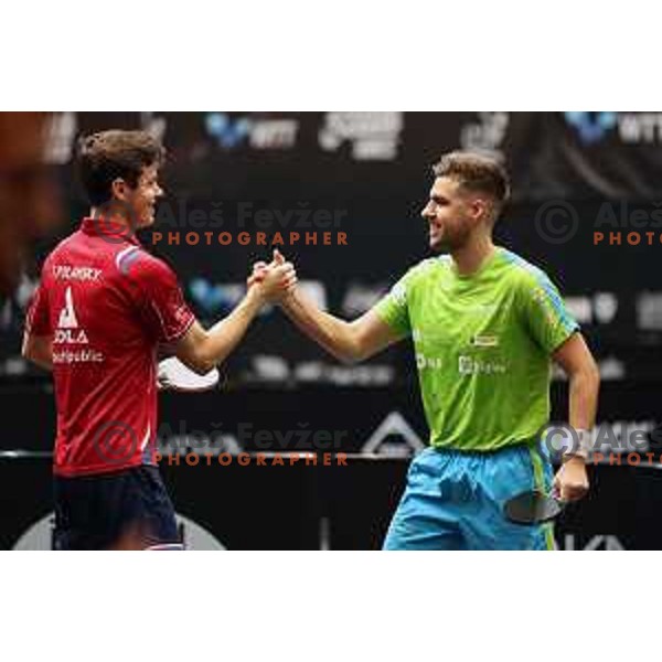 Tomas Polansky (CZE) and Darko Jorgic of Slovenia in action at World Table Tennis Contender Nova Gorica, Slovenia on November 4, 2022