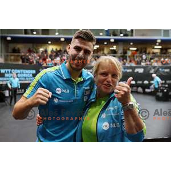 Darko Jorgic of Slovenia and coach Andreja Ojstersek at World Table Tennis Contender Nova Gorica, Slovenia on November 4, 2022