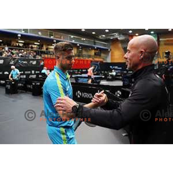 Darko Jorgic of Slovenia wins quarter-final and receives congrats from Croatian coach Neven Karkovic at World Table Tennis Contender Nova Gorica, Slovenia on November 4, 2022