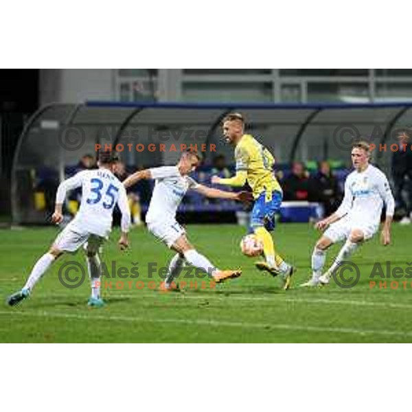 Nermin Hodzic, Benjamin Markus of Domzale and Andrej Kotnik of Koper in action during Prva Liga Telemach 2022-2023 football match between Koper and Domzale at Bonifika Arena in Koper, Slovenia on November 4, 2022