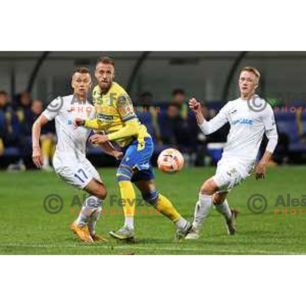 Nermin Hodzic, Benjamin Markus of Domzale and Andrej Kotnik of Koper in action during Prva Liga Telemach 2022-2023 football match between Koper and Domzale at Bonifika Arena in Koper, Slovenia on November 4, 2022