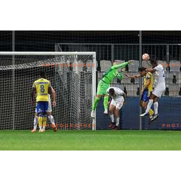 Ajdin Mulalic, Nermin Hodzic of Domzale and Dario Kolobaric of Koper in action during Prva Liga Telemach 2022-2023 football match between Koper and Domzale at Bonifika Arena in Koper, Slovenia on November 4, 2022