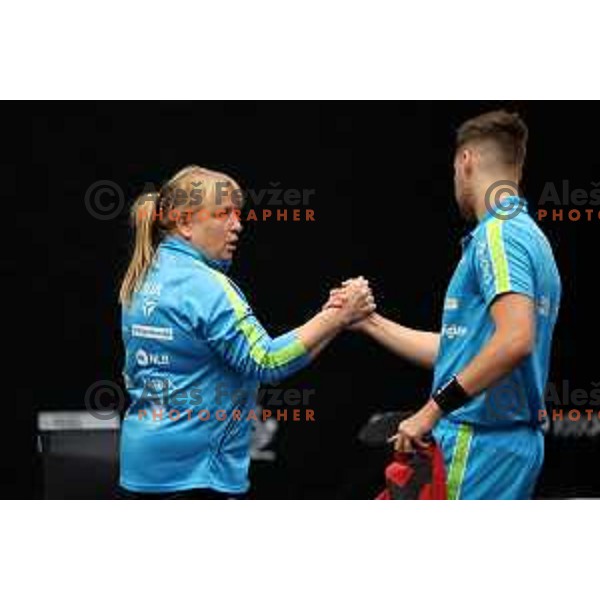 Coach Andreja Ojstersek and Darko Jorgic of Slovenia in quarter-final of World Table Tennis Contender Nova Gorica, Slovenia on November 5, 2022